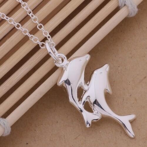 Double dolphins bright silver plated necklace for women silver pendant Jewelry free shipping lovely gifts Jewellery GY-AN359
