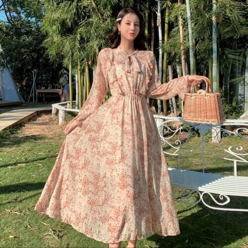 Elegant Korea Chiffon Dresses Nes Fashion Casual Long Sleeve Floral Print Party Dress Female High Elastic Waist Bohemian Dress