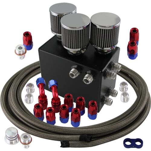 Power Driven Oil Catch Can / Breather Tank Race Hose Kit for Honda Acura VTEC Black / Silver