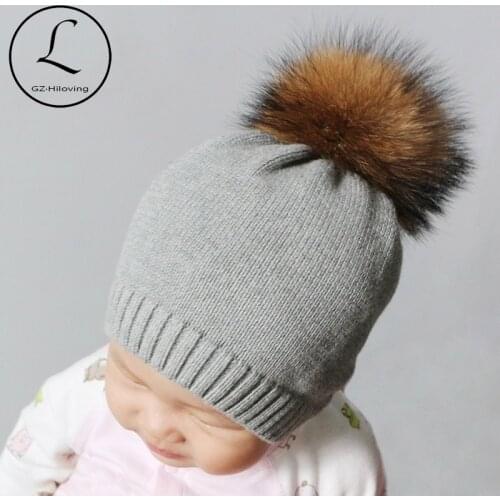 GZHILOVINGL 2017 Winter Crochet Knitted Kids Cotton Beanies Hats Cap Toddler Boys Girls Children Kids Brand Real Fur Pom Pom Hat