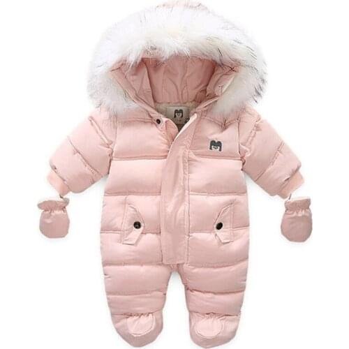 Baby Girls Boys Zipper Down Jumpsuits with Gloves Winter Hooded Romper Outfits