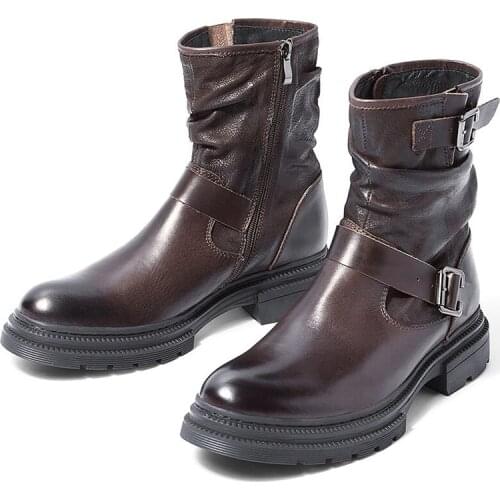 Fashon Buckle Belt Mid-calf Boots Men Full Grain Leather Zip Soliders Boots Pure Black Motorcycle Boots Winter