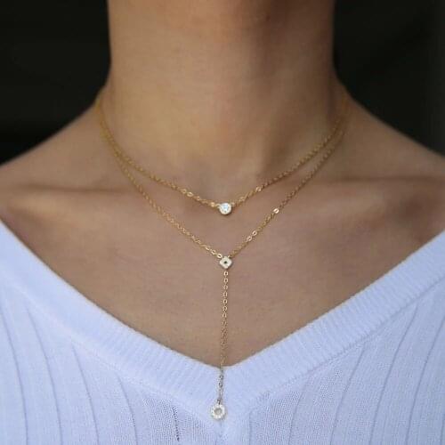 Delicate micro pave cz tiny cute square round charm connector minimal Y lariat chain Gold color OL LADY jewelry fashion necklace