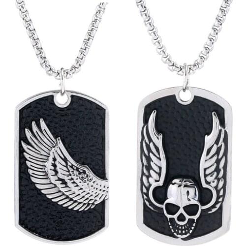 Punk Gothic Men Skull Necklace Stainless Steel Chain Cross Wing Alloy Black Leather Pendant Statement Fashion Rock Women Jewelry