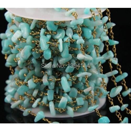 Peruvian Amazonite Chips Beaded Chain, Wire Wrapped Chip Beads DIY Chain
