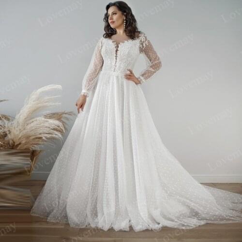 Plus Size Wedding Dresses 2021 Long Sleeves V Neck Tulle A Line Beach Bridal Dress Appliques Illusion Wedding Gown for Bride