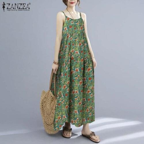 Vintage Printed Dress Womens Summer Sundress 2021 ZANZEA Casual Spaghetti Strap Maxi Vestidos Female Floral Robe Femme Oversize