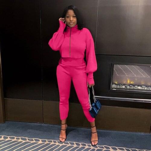 Casual Sporty Fitness Solid Tracksuit Women Lounge wear Turtleneck Zipper Lantern Sleeve Crop Top + Pants Suit Two Piece Set