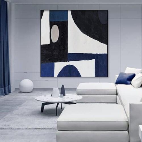 Hand-painted oil painting abstract geometric color block blue canvas painting home decoration art oil painting can be customized