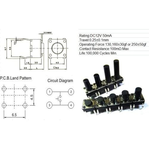 Tact Switch 6*6*7mm DIP4 round ROHS PLASTIC ,H;7mm new and original