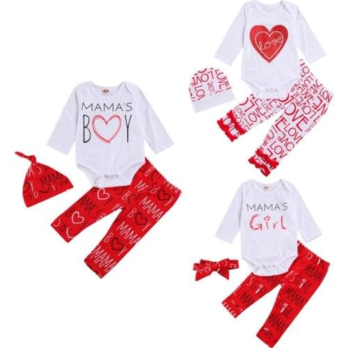 Vanlentines Days 0-24M Newborn Baby Girl Boy Clothes Sets Long Sleeve Cotton Romper Tops Print Long Pant + Hat 3PCS Holiday