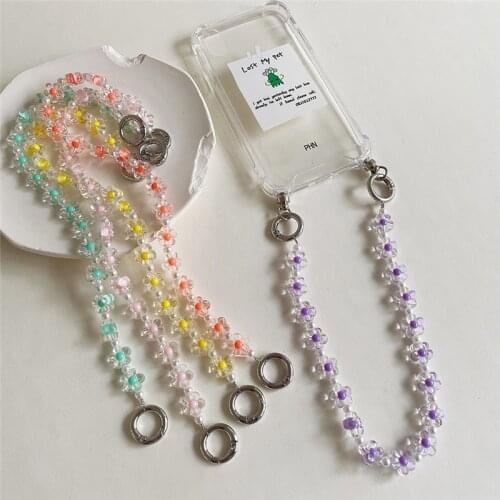 AOMU New Colorful Transparent Acrylic Small Flower Beaded Phone Chain Cute Irregular Geometric Reflective Long Chain for Women