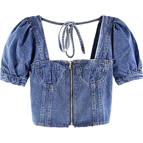 2020 New Cowgirl With Square Collar Backless Summer Slimming Show Thin Tide Short - sleeved Hubble-bubble Sleeve Shirts T-shirt