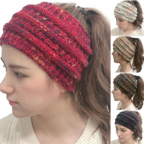 Women Warm Winter Stretch Knit Lady Crochet Headband Knit Wool Twist Hairband Ski Cap Messy Bun Ponytail Beanie Hat
