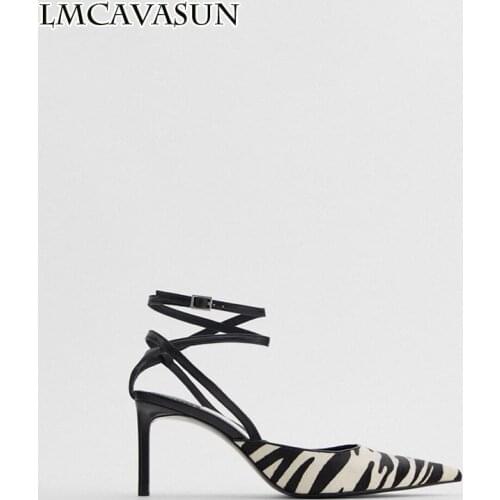 LMCAVASUN Zebra Pattern Strap Pointed Toe Sandals Shoes Women Thin High Heels Sexy Pumps Party Dress Shoes Slingback Sandal