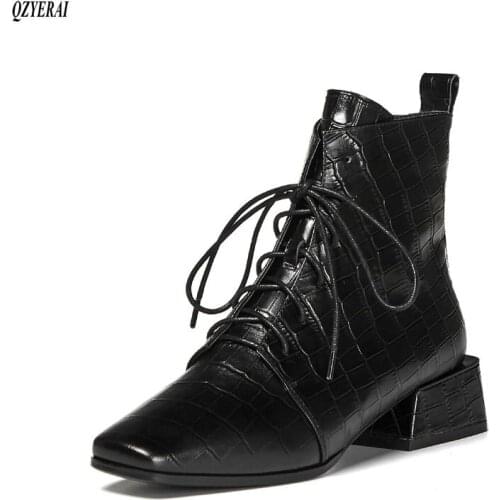 2020 autumn winter Genuine leather Womens boots With short boots Fashion womens shoes black Stone grain Size 34-42