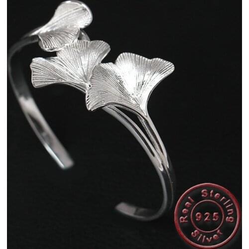 Amxiu Handmade Three Leaves Ginkgo Biloba Bangle 925 Sterling Silver Open Bangles For Women Lady Birthday Gift Jewelry Bijoux