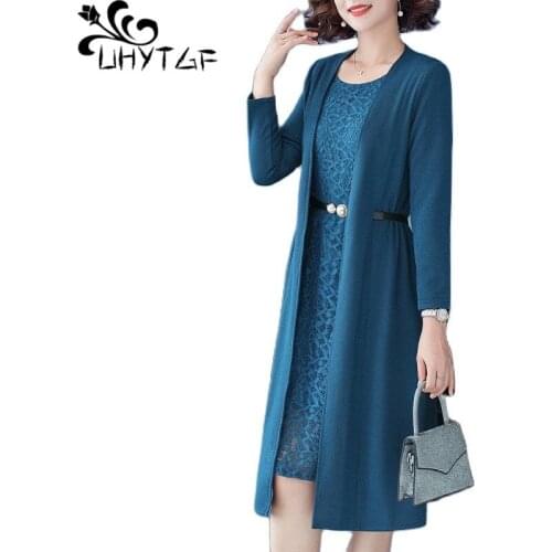 UHYTGF 5XL Fashion Spring Autumn Clothes Women Elegant Long Sleeve Cardigan & Sleeveless Vest Dress 2 Pcs Sets Dresses Vestidos