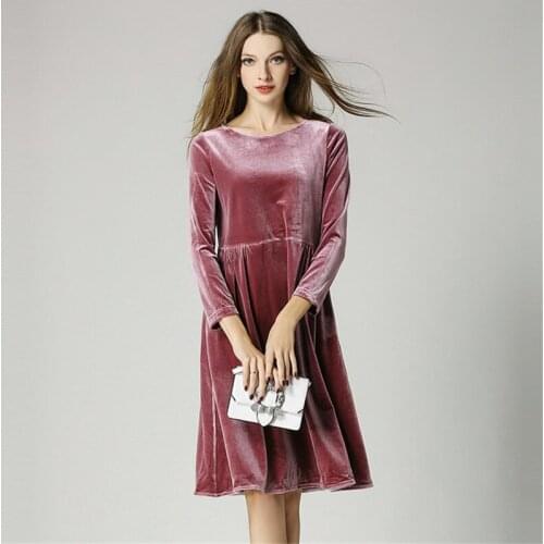 New 2020 Wome Fall Winter Solid Velvet Dress Elegant Casual Long Sleeve Vintage Dress With Pocket Vestidos Plus Size M-7XL 8XL