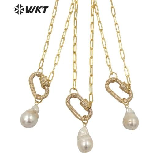 WT-JN152 WKT Amazing Gorgeous freshwater Baroque pearl pendant necklace Long link chain gold micropave clasp pearl necklace