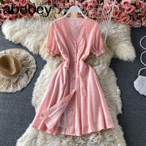 Women Hollow Ruffles Dress Korean Fashion V Neck Solid Casual Loose A-line Dresses Summer Bohemian Vacation short Dress