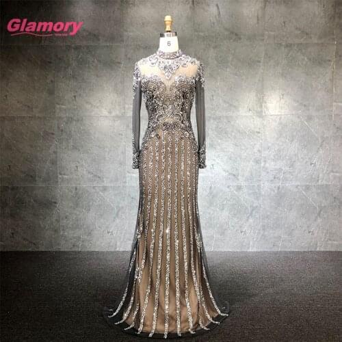 2020 New Womens Long Sleeve Dress Luxury Beading Mermaid Party Halter Neck Turkish Evening Dresses