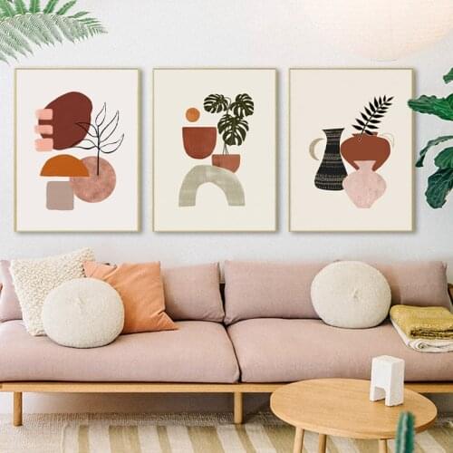 Abstract Botanical Geometric Posters Burnt Orange Color Boho Wall Art Pictures Plants Canvas Painting Prints Living Room Decor