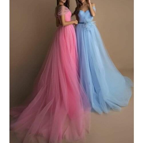 Elegant Long Off Shoulder A-Line Tulle Evening Dresses Sky Blue Corset Back V-Neck Abendkleider Formal Party Gown for Women