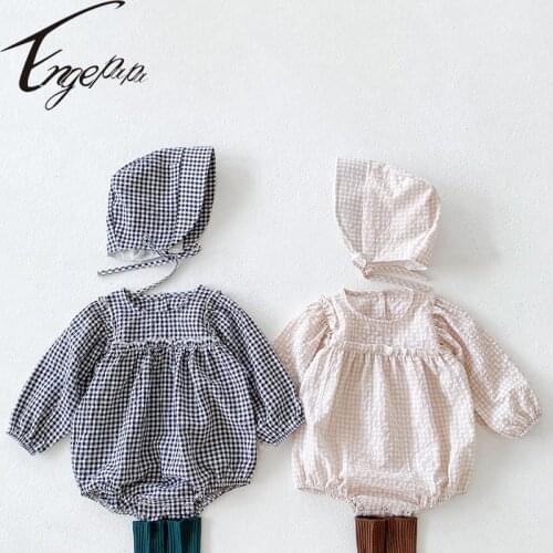 Engepapa Korean Style Infant Baby Girls Romper Jumpsuit+Hat 2PCS Sweet Plaid Long Sleeve Cotton Soft Bodysuit Baby Girls Clothes