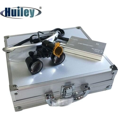 2.5X/3.5X Dental Loupe with 5W Headlght Yellow Filter Li-ion Battery 320-420 mm Binocular Magnifier with Aluminum Suitcase