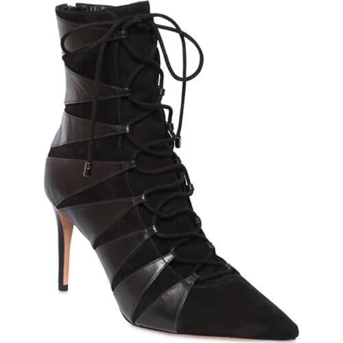 Unisex Men Women Faux Suede Patchwork Pointed Toe Stiletto Heel Booties Black Lace-up Short Boots Size 42 43 44 45 US 10 12 13