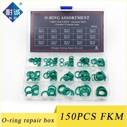 150pcs Green FKM O Rings Rubber Kit 15Sizes Seal Rubber Sealing O-rings Washer Gasket O-Ring Set Assortment Set Kit Box