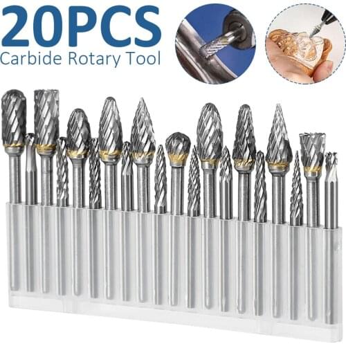 20pcs Tungsten Carbide Burrs Set Milling Cutter Rotary Tool Shank Double Cut Solid Carbide Rotary Burr Set for Die Grinder Drill