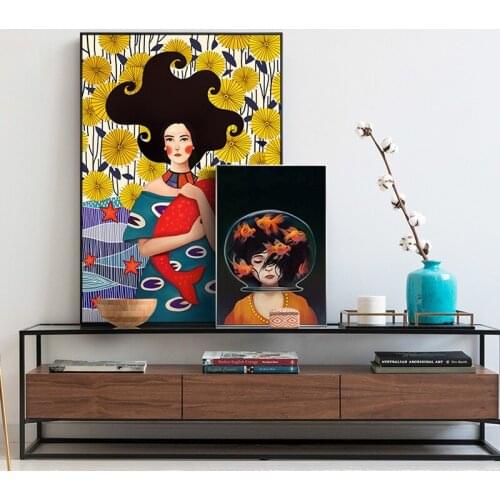 Nordic Style Cartoon Girl and Fish Canvas Painting Abstract Figure Posters and Print Wall Art Picture for Living Room Home Decor
