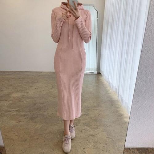 2021 Autumn Winter fashion casual Hooded Slim Sweater Dress Women Long Knit Dress Sweater Bodycon Warm Dress Vestidos