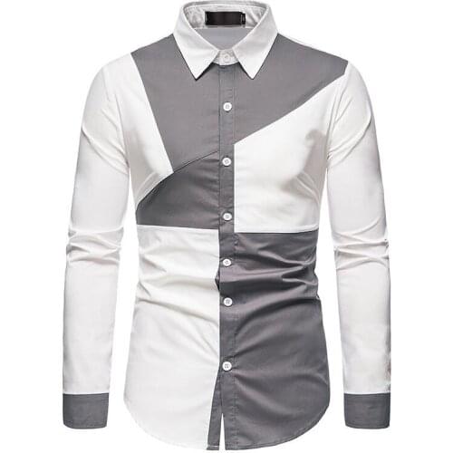 Men match colors Shirt Style Fashion Personality Mens Casual Slim Lapel Casual Men Clothinglong-sleeved Shirt Top Blouse 2XL