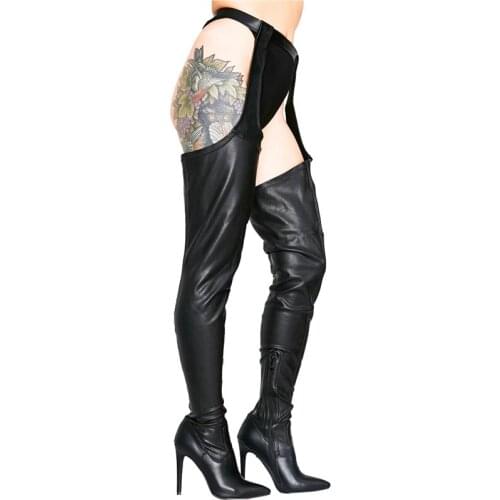 Sexy Black Leather Crotch High Boots Women Pointed Toe Belted Buckle Thigh High Boots Stiletto High Heels Over The Knee Boots