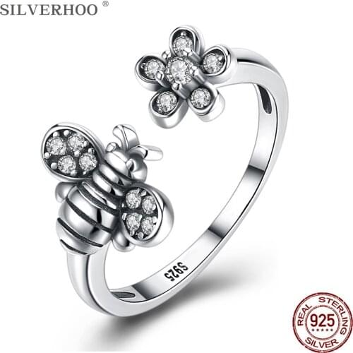 SILVERHOO Real 925 Sterling Silver Cute Bee Flower Open Adjustable Vintage Rings For Women Luxury Cubic Zirconia Fine Jewelry
