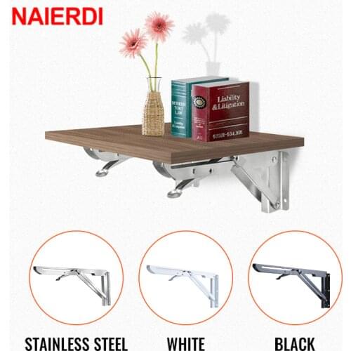NAIERDI 2PCS Black White Triangle Bracket Wall Mount Support Stainless Steel Folding Angle Bracket For Shelf, Bench, Table