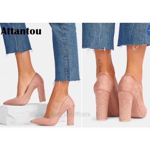 Fashion Pointed Toe Office Lady Crystal Chunky High Heel Dress Shoes Women Suede Leather Block Heeled Concise Pumps Pink Red