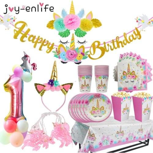 Unicorn Party Decorations 3m Gold Happy Birthday Flag Banner Felt Unicorn Horn Flower Palm Leaf Birthday Party Decorations Kids