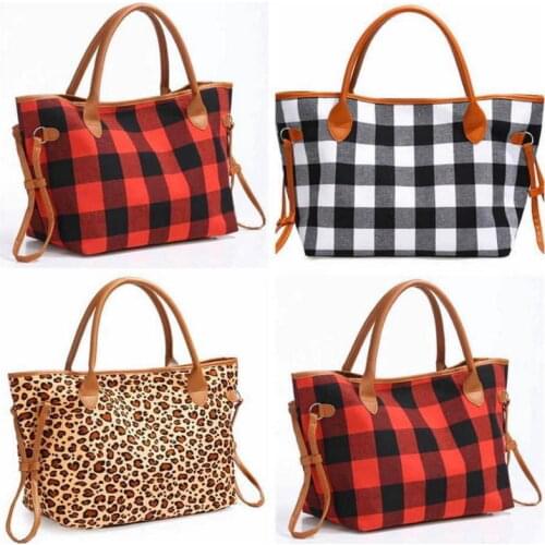 W754 ZWPON Red Buffalo Plaid Tote Bag for Women New Cheetah Print Leopard Should Bags Canvas Handbag Christmas Gifts Wholesale