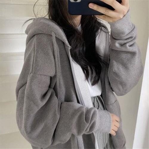 Women Korean Version Loose Hoodies Long Sleeve Zip Up Pocket Oversized Sweatshirt Female Thin Harajuku Hooded Coat Top -40