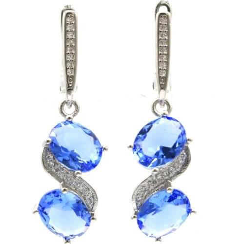 35x10mm Romantic Created Rich Blue Violet Tanzanite Gift Ladies Wedding Silver Earrings