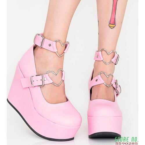 New Sale Sweet Lolita Style Gothic Cosplay Black Pink Cozy Wedges Mary Janes High Heels Pumps Platform Shoes Woman Size 43