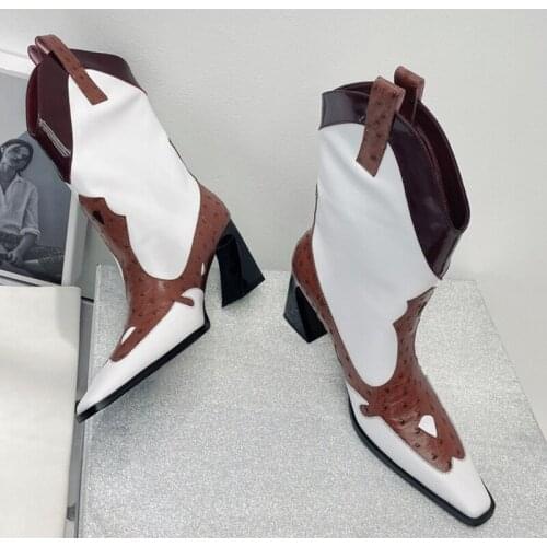 Retro Vintage Square Toe Riding Boots Brand Design High Heels Leather Women Shoes New Fashion Mid-Calf Slip-On Female Boots Ret