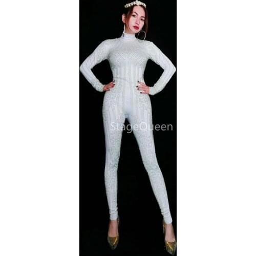Women White Stage Jumpsuit Sparkling Crystals Pearls Costumes for Singer Dancer Stage Wear Bodysuit Nightclub Party Costumes