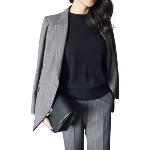 2019 High end Work Fashion Pant Suits 2 Piece Set for Women Striped Blazer Jacket & Trouser Office Lady Suit Feminino