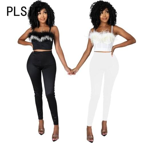 Women Feathers Summer Long Pant Strap 2 Pieces Crop Top And Long Pant Set Female Suit Two Pieces