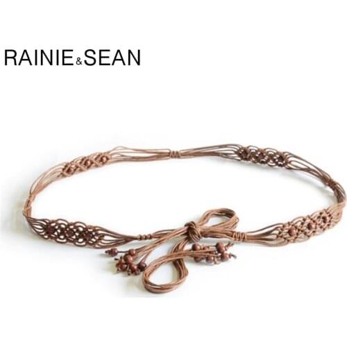 RAINIE SEAN Belts For Women Bohemian Thin Waist Belt For Dress Brown Wooded Bead Female Casual Braided Belt For Women